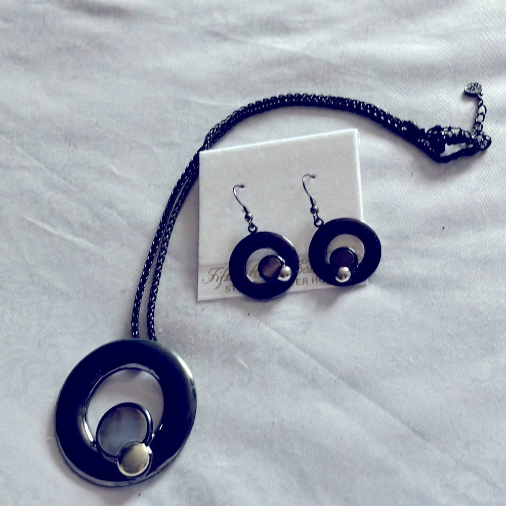 Contemporary hematite earrings and 16-18 inch necklace set